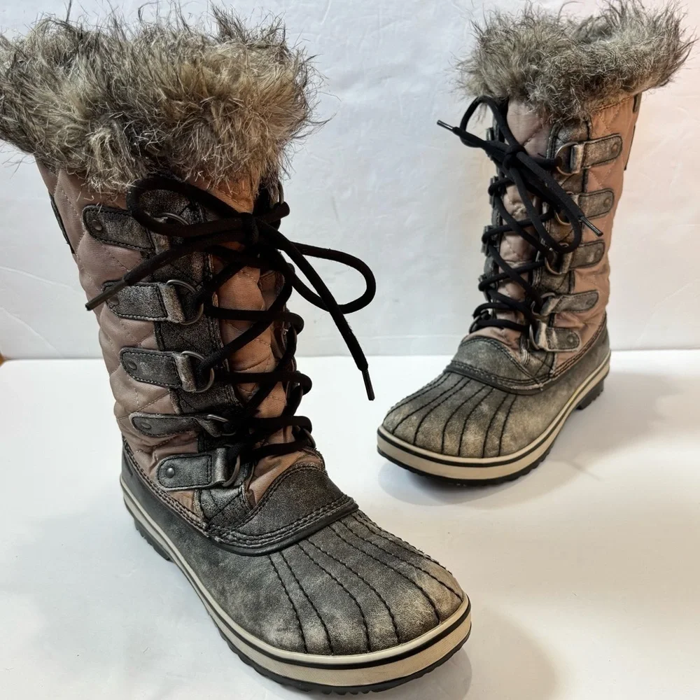 Sorel Tofino Gray Tan Waxed Canvas Leather outdoor Waterproof Snow Boots Sz 8.5